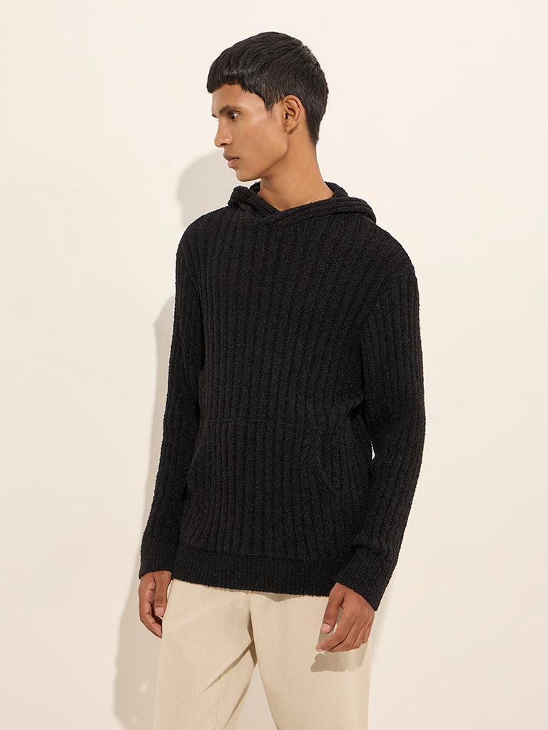 ETA Black Ribbed-Textured Relaxed-Fit Hoodie