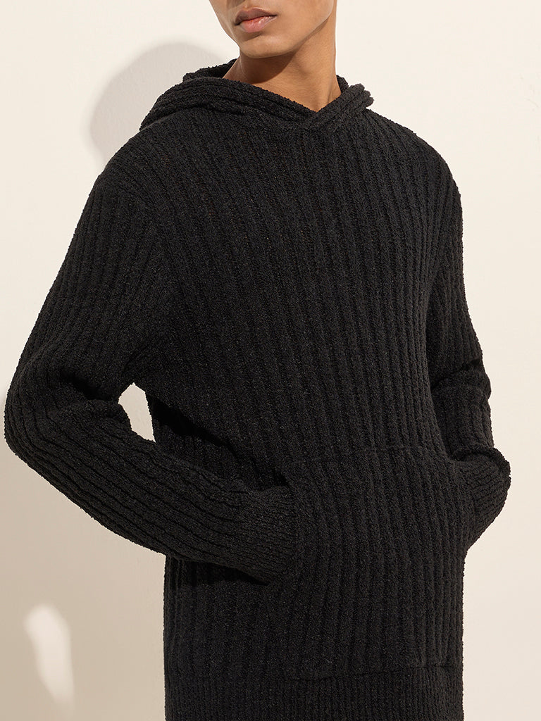 ETA Black Ribbed-Textured Relaxed-Fit Hoodie