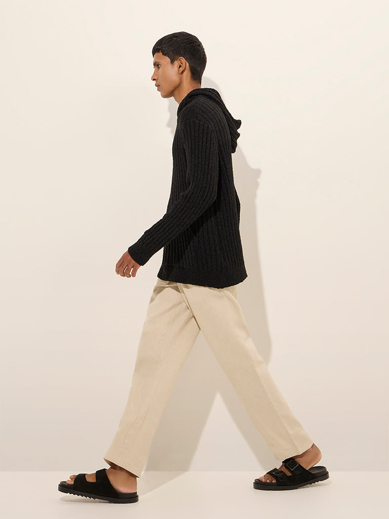 ETA Black Ribbed-Textured Relaxed-Fit Hoodie