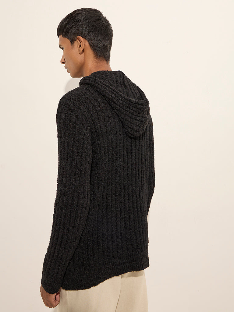 ETA Black Ribbed-Textured Relaxed-Fit Hoodie