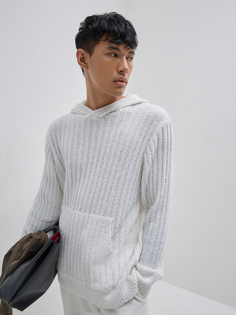 Buy ETA White Ribbed-Textured Relaxed-Fit Hoodie from Westside