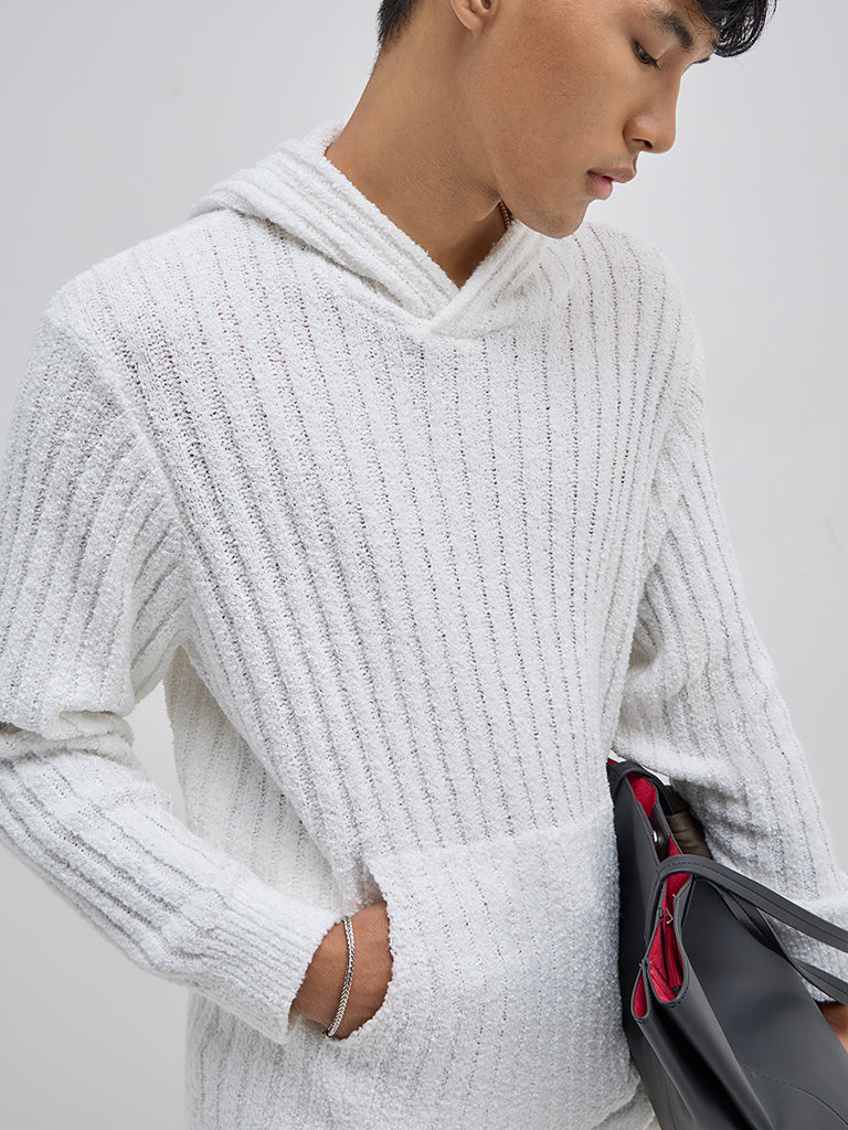 ETA White Ribbed-Textured Relaxed-Fit Hoodie