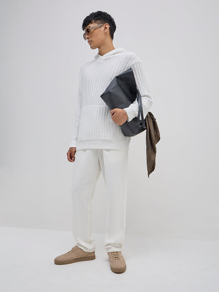 ETA White Ribbed-Textured Relaxed-Fit Hoodie