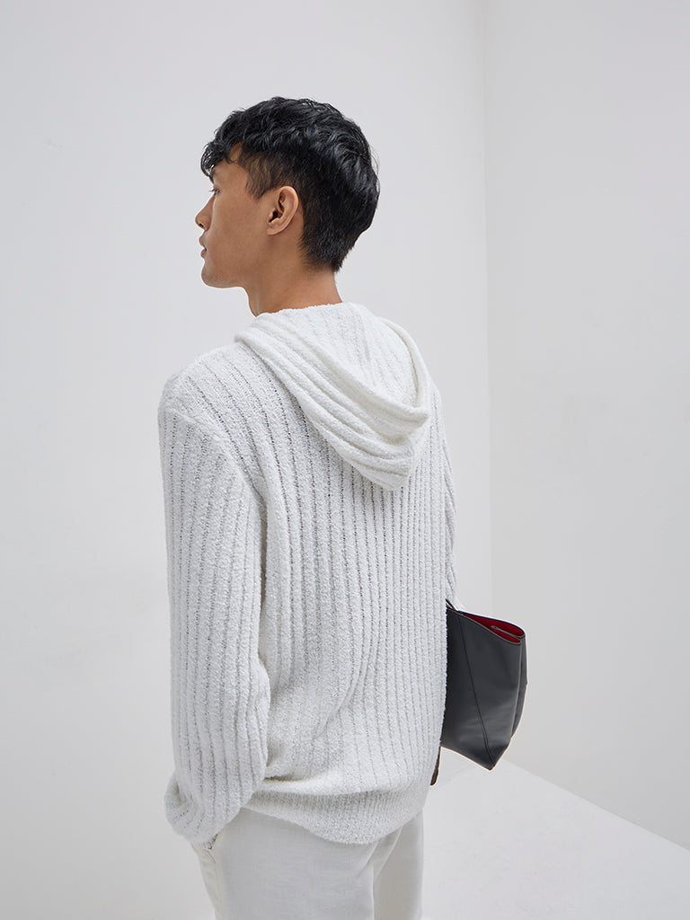 Westside ETA Men's White Ribbed-Textured Relaxed-Fit Hoodie for Winter Wear Back View