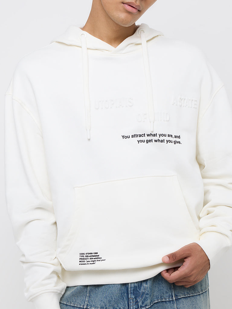 Nuon White Text Embossed Relaxed-Fit Cotton Hoodie