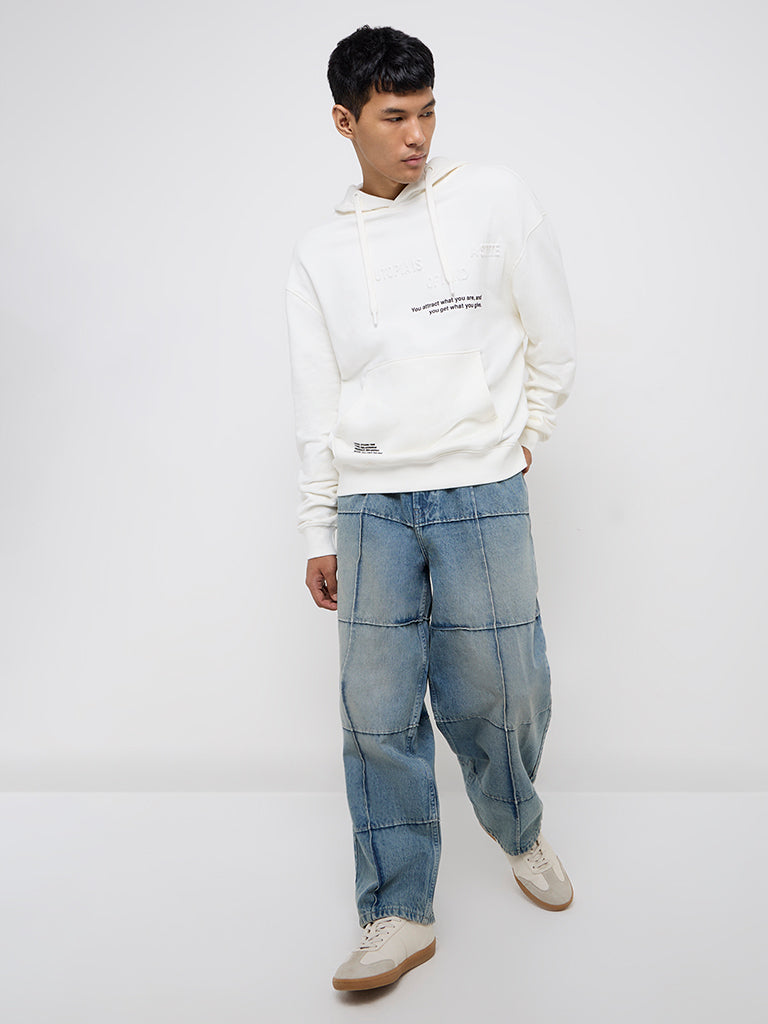 Nuon White Text Embossed Relaxed-Fit Cotton Hoodie