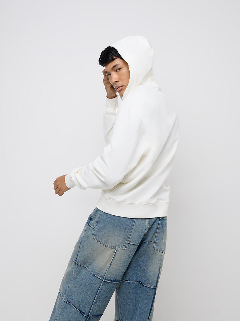 Nuon White Text Embossed Relaxed-Fit Cotton Hoodie