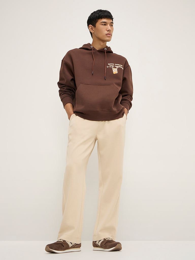 Nuon Brown Typographic Relaxed-Fit Cotton-Blend Sweatshirt