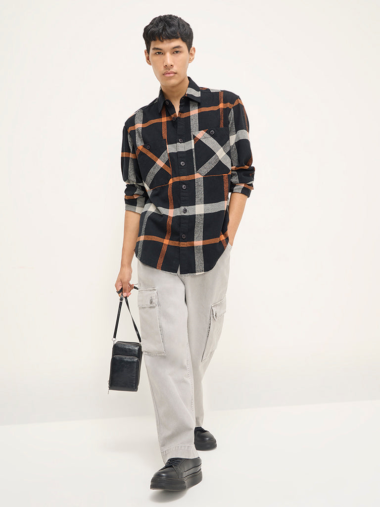 Nuon Black Checkered Relaxed-Fit Cotton Shirt