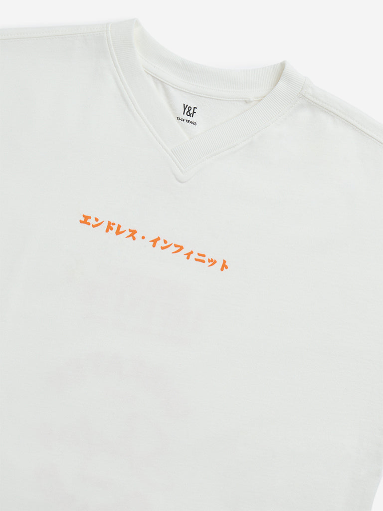 Westside Y&F Boy's White Text Printed Cotton T-Shirt for Casual Wear Zoomed View