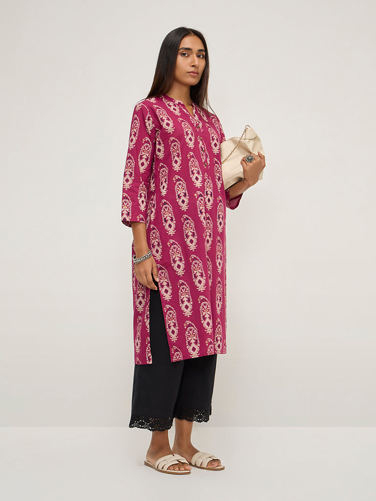 Utsa Magenta Jamdani Printed Straight Cotton Kurta