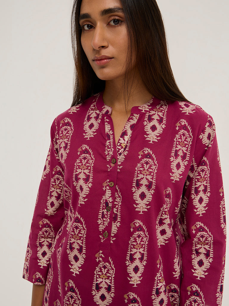 Utsa Magenta Jamdani Printed Straight Cotton Kurta