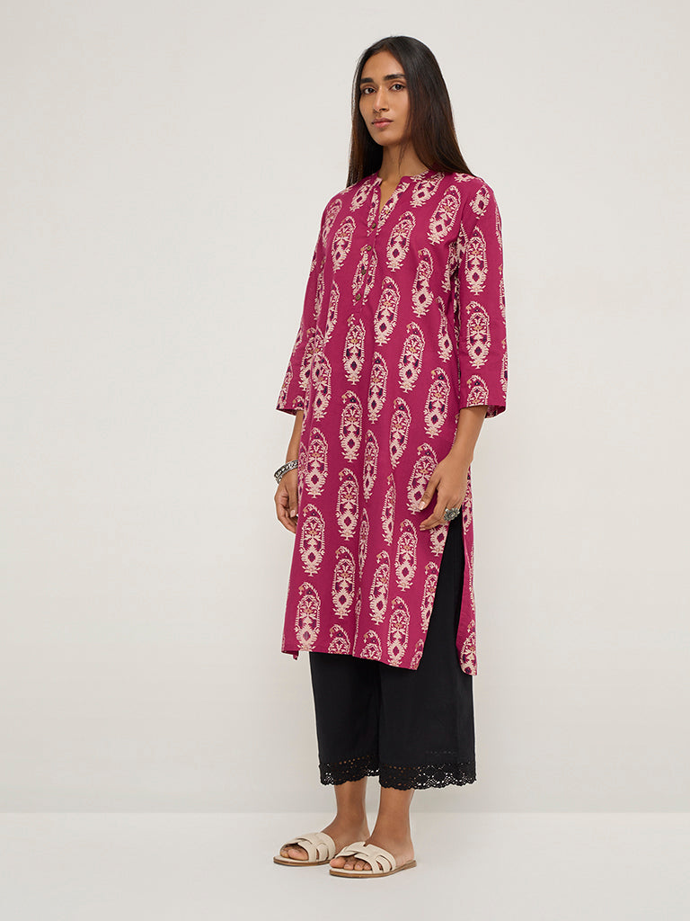 Utsa Magenta Jamdani Printed Straight Cotton Kurta