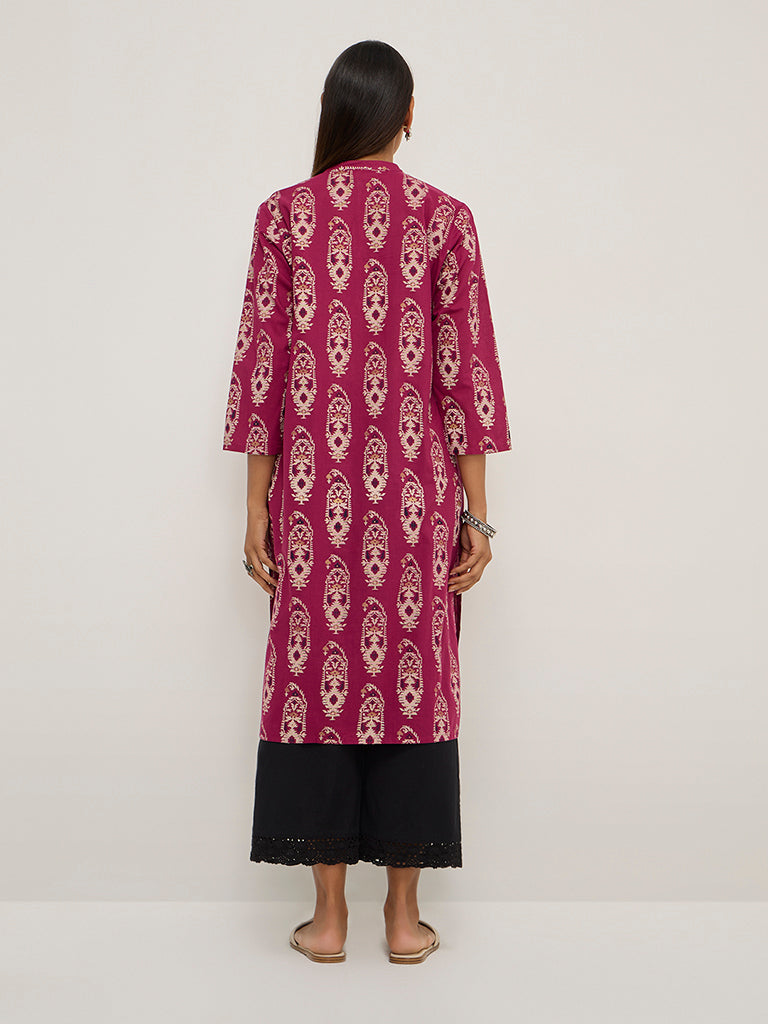 Utsa Magenta Jamdani Printed Straight Cotton Kurta