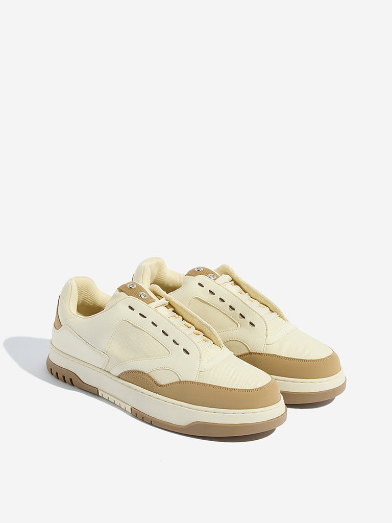 Westside SOLEPLAY Men's Beige Colour-Blocked Lace-Up Sneakers for Casual Wear Front View