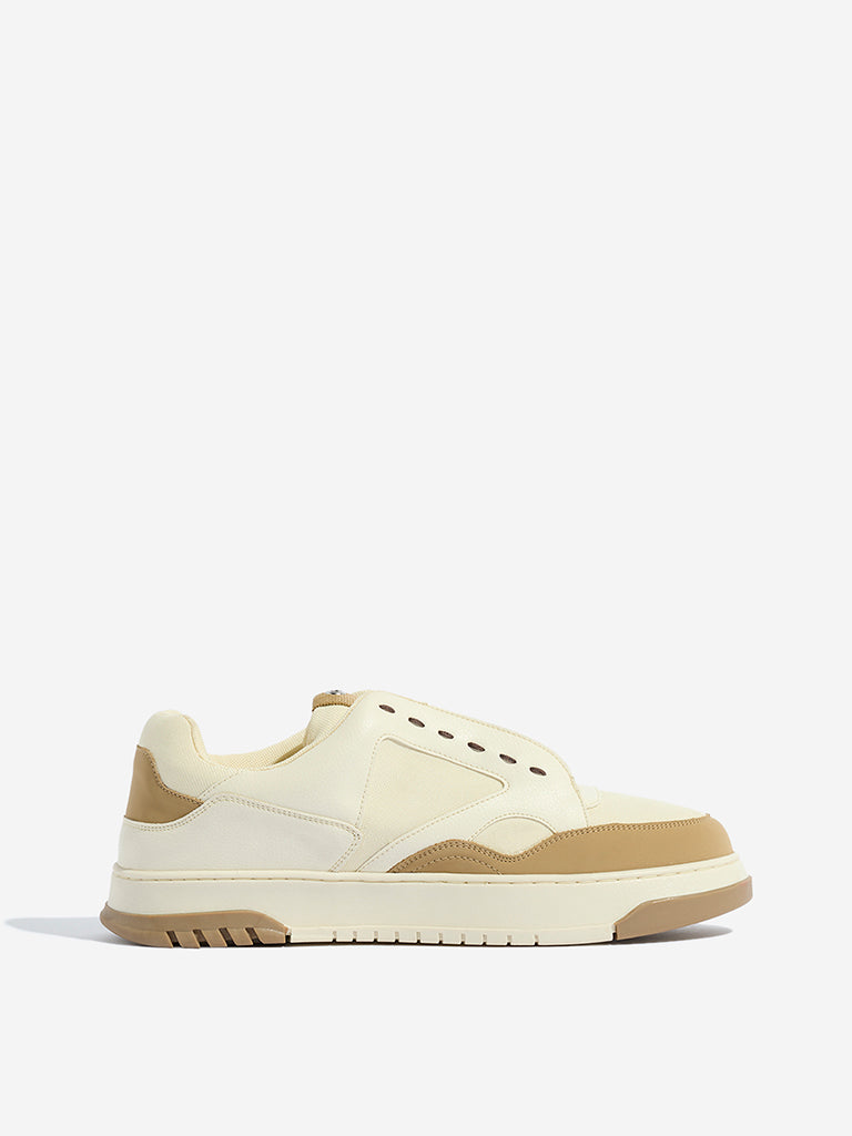 Westside SOLEPLAY Men's Beige Colour-Blocked Lace-Up Sneakers for Casual Wear Side View