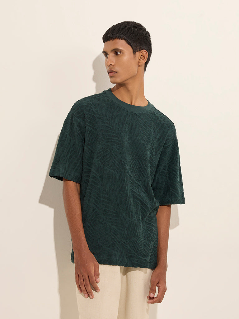 ETA Dark Green Leaf Design Relaxed-Fit Cotton T-Shirt