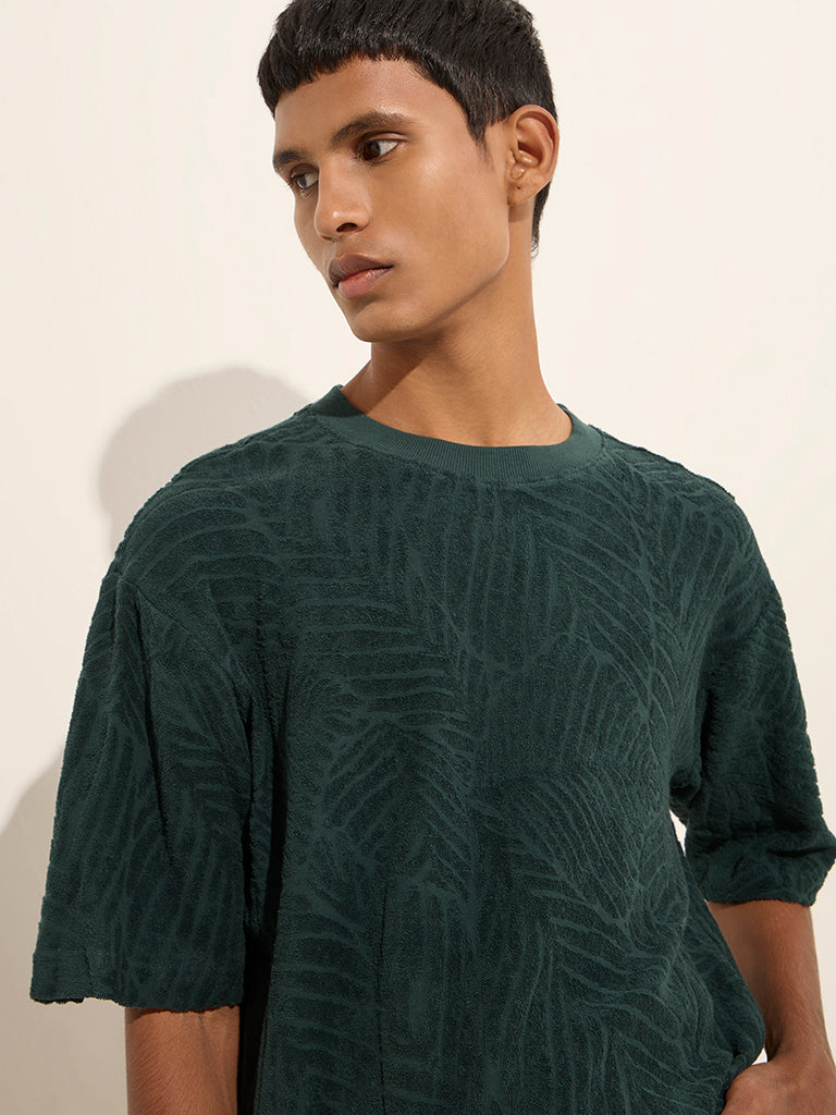 ETA Dark Green Leaf Design Relaxed-Fit Cotton T-Shirt