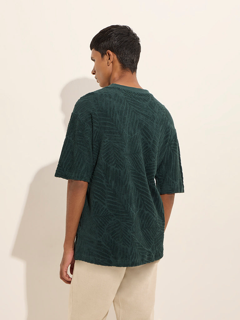 ETA Dark Green Leaf Design Relaxed-Fit Cotton T-Shirt