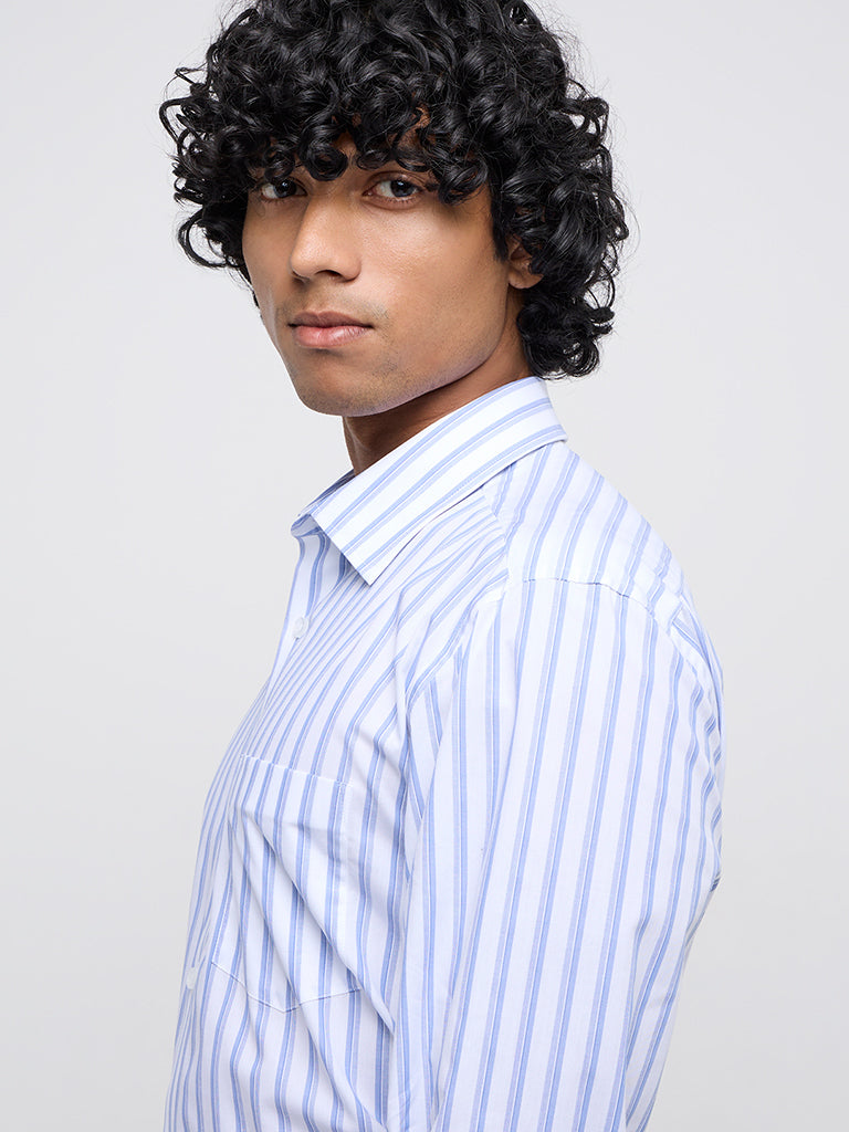 WES Formals White Striped Relaxed-Fit Cotton Shirt