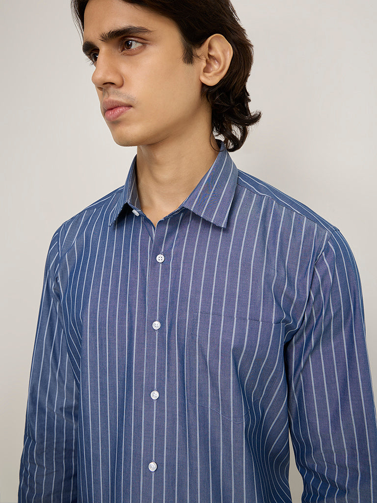 WES Formals Blue Striped Slim-Fit Cotton Shirt