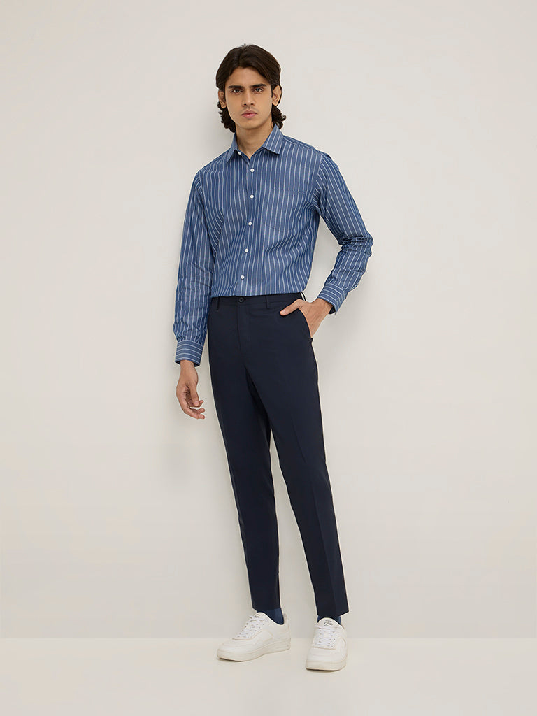 WES Formals Blue Striped Slim-Fit Cotton Shirt