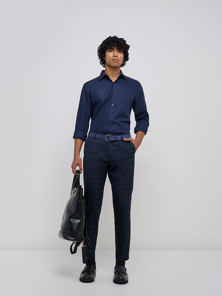 Navy Blue Checkered Dress Pants Abyss Blue Checks Stretch Formal Pants