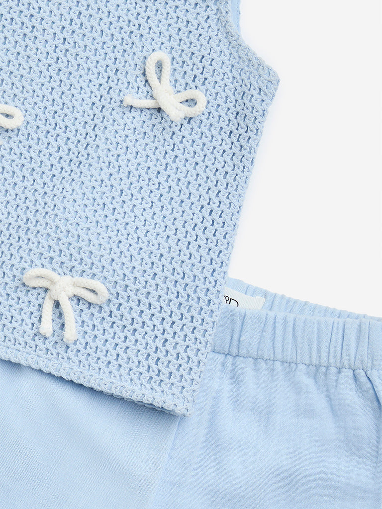 Westside HOP Baby Girl's Light Blue Crochet Cotton-Blend Top with Shorts Set for Casual Wear Zoomed View