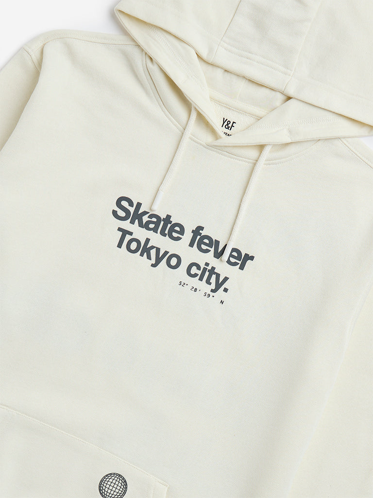 Westside Y&F Boy's Off-White Text Printed Cotton-Blend Hoodie for Winter Wear Zoomed View