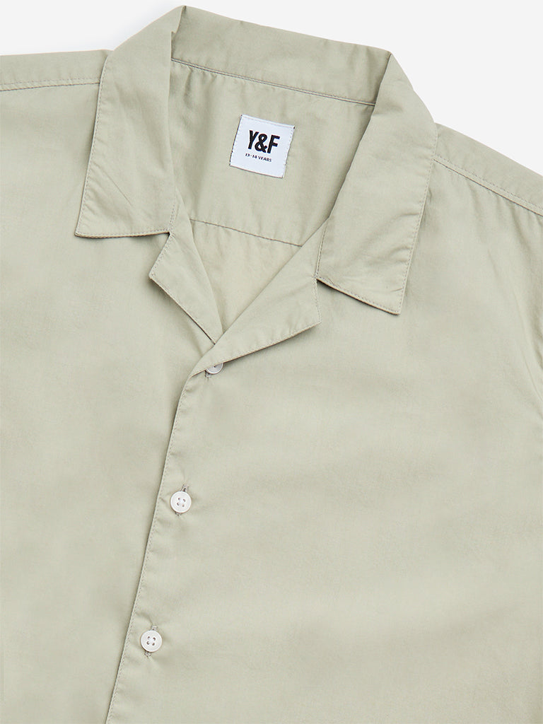 Westside Y&F Boy's Sage Text Printed Resort-Fit Cotton Shirt for Casual Wear Zoomed View