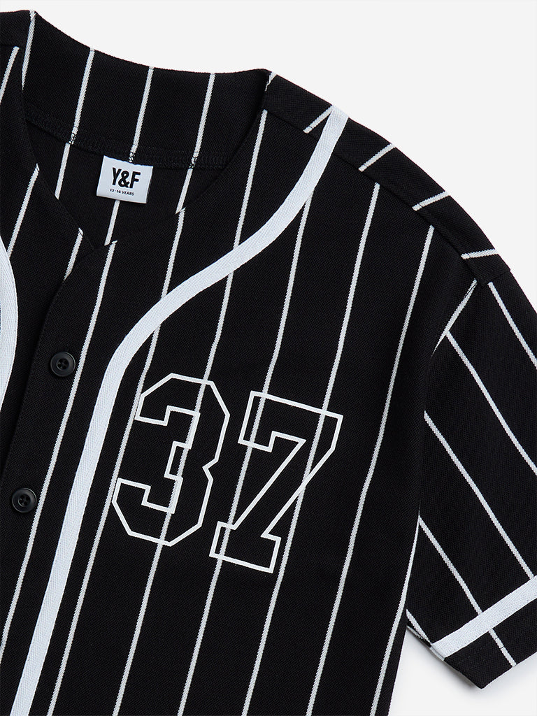 Westside Y&F Boy's Black Stripe Printed Cotton-Blend Shirt for Casual Wear Zoomed View