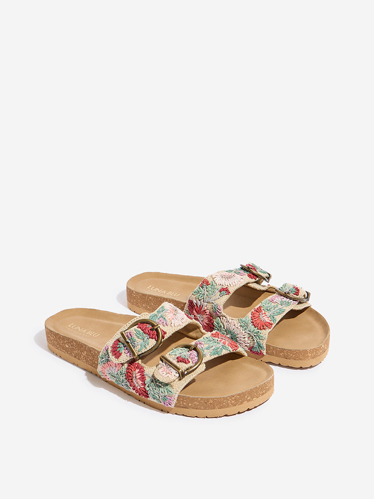 Westside LUNA BLU Women's Pink Floral Embroidered Slip-On Sandals Front View