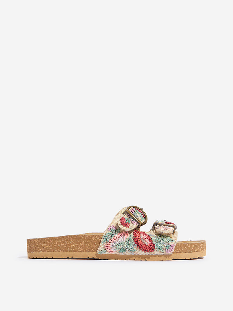 Westside LUNA BLU Women's Pink Floral Embroidered Slip-On Sandals Side View