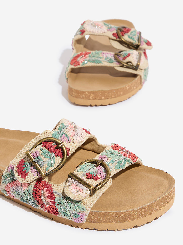 Westside LUNA BLU Women's Pink Floral Embroidered Slip-On Sandals Zoomed View