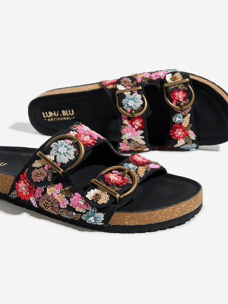 Westside LUNA BLU Women's Black Floral Embellished Sandals for Festival Wear Zoomed View