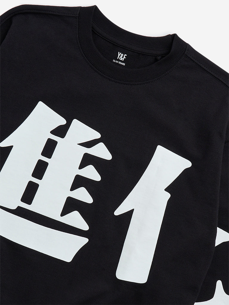 Y&F Kids Black Japanese-Text Printed Cotton Sweatshirt
