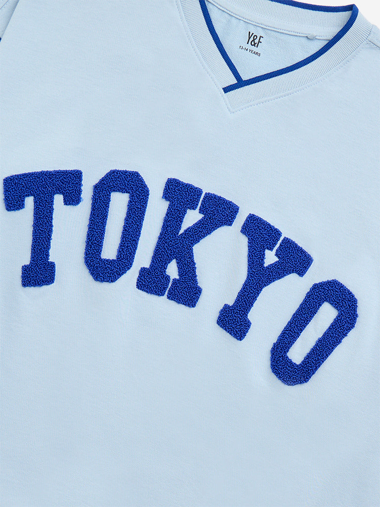 Westside Y&F Boy's Light Blue Text Embroidered Cotton-Blend Sweatshirt for Winter Wear Zoomed View