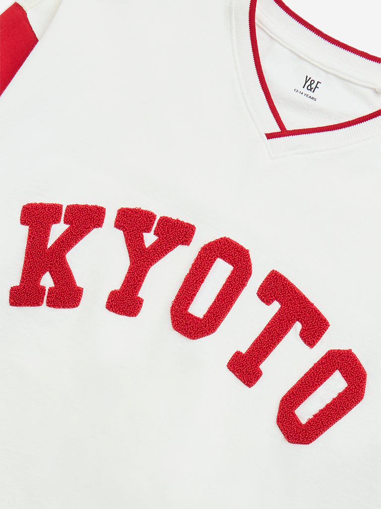 Y&F Kids White Text Print Cotton-Blend Sweatshirt