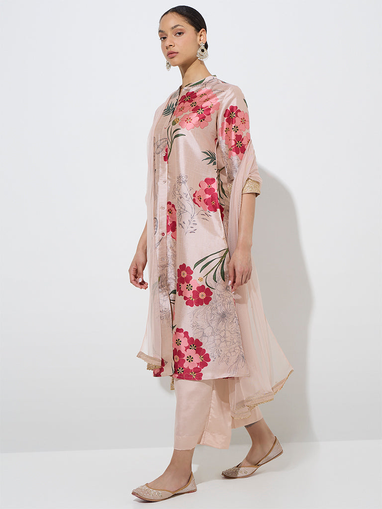 Vark Beige Floral A-Line Kurta, Pants and Dupatta Set