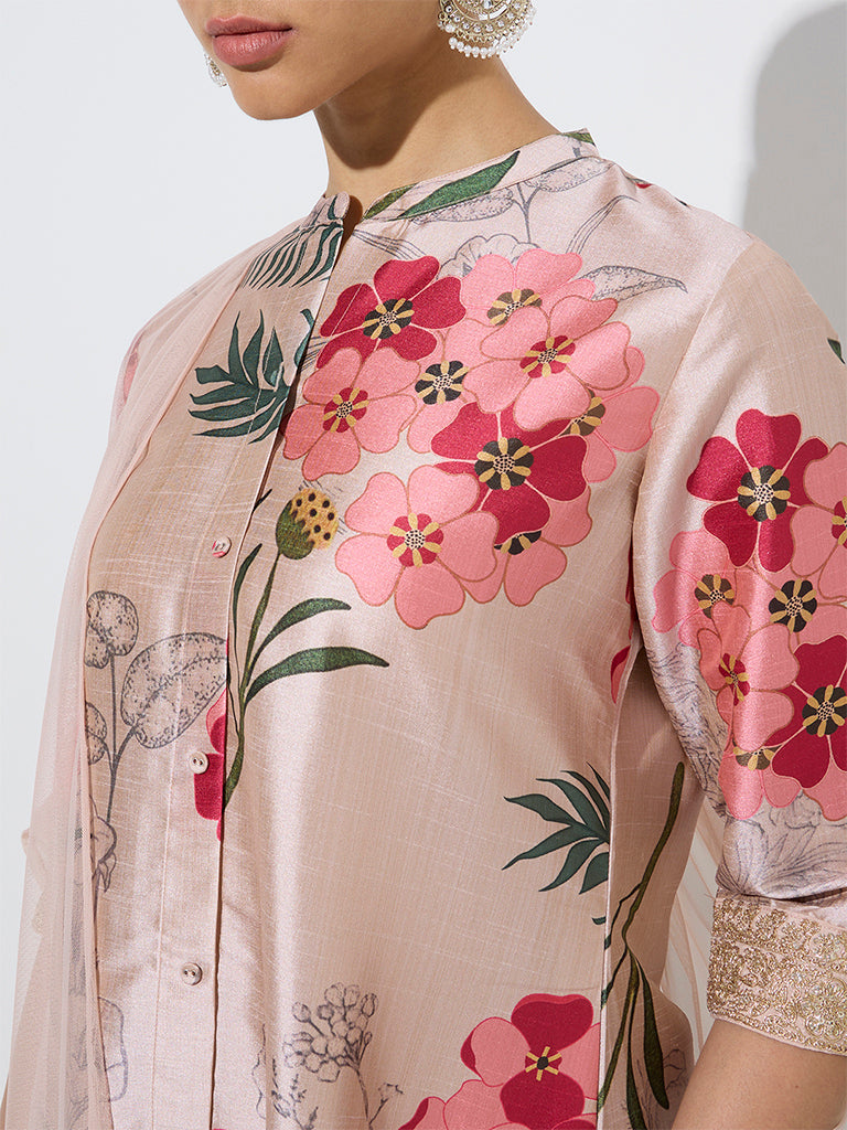 Vark Beige Floral A-Line Kurta, Pants and Dupatta Set