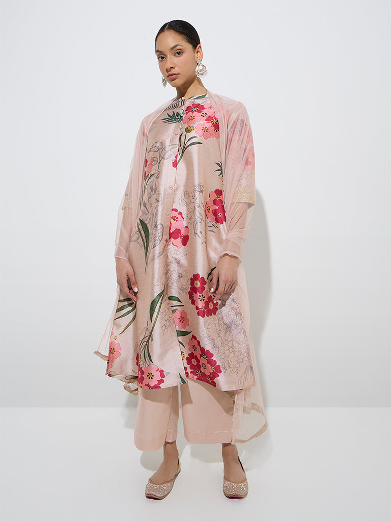 Vark Beige Floral A-Line Kurta, Pants and Dupatta Set