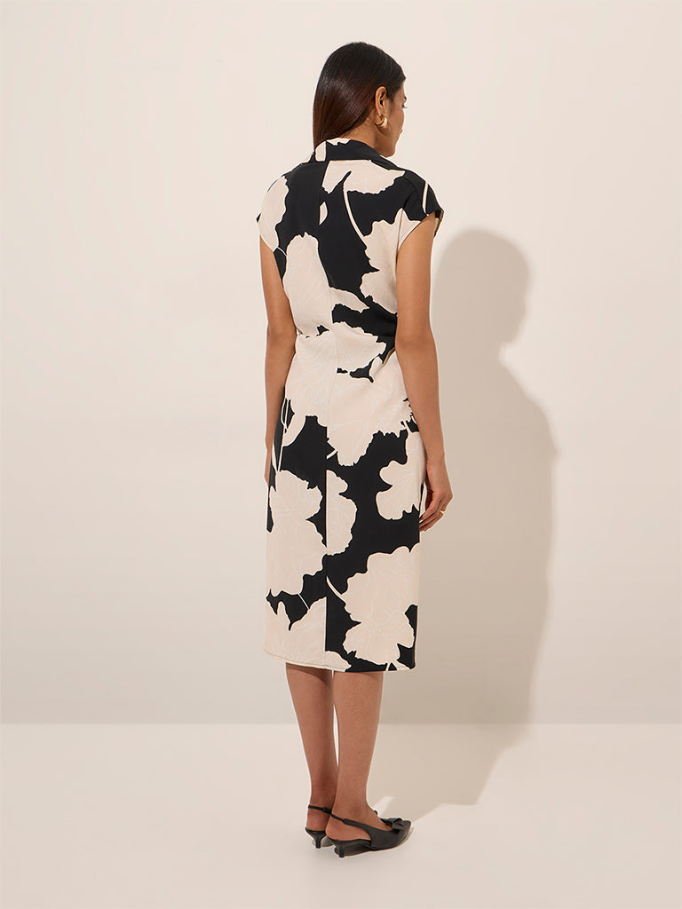 Westside Wardrobe Women's Black Floral Printed Straight Dress for Work Wear Back View