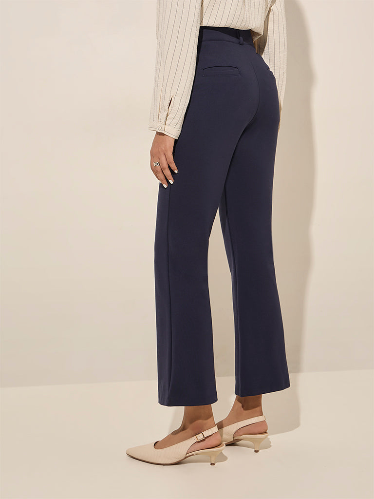 Westside Wardrobe Women's Navy High-Rise Bootcut Trousers for Work Wear Back View