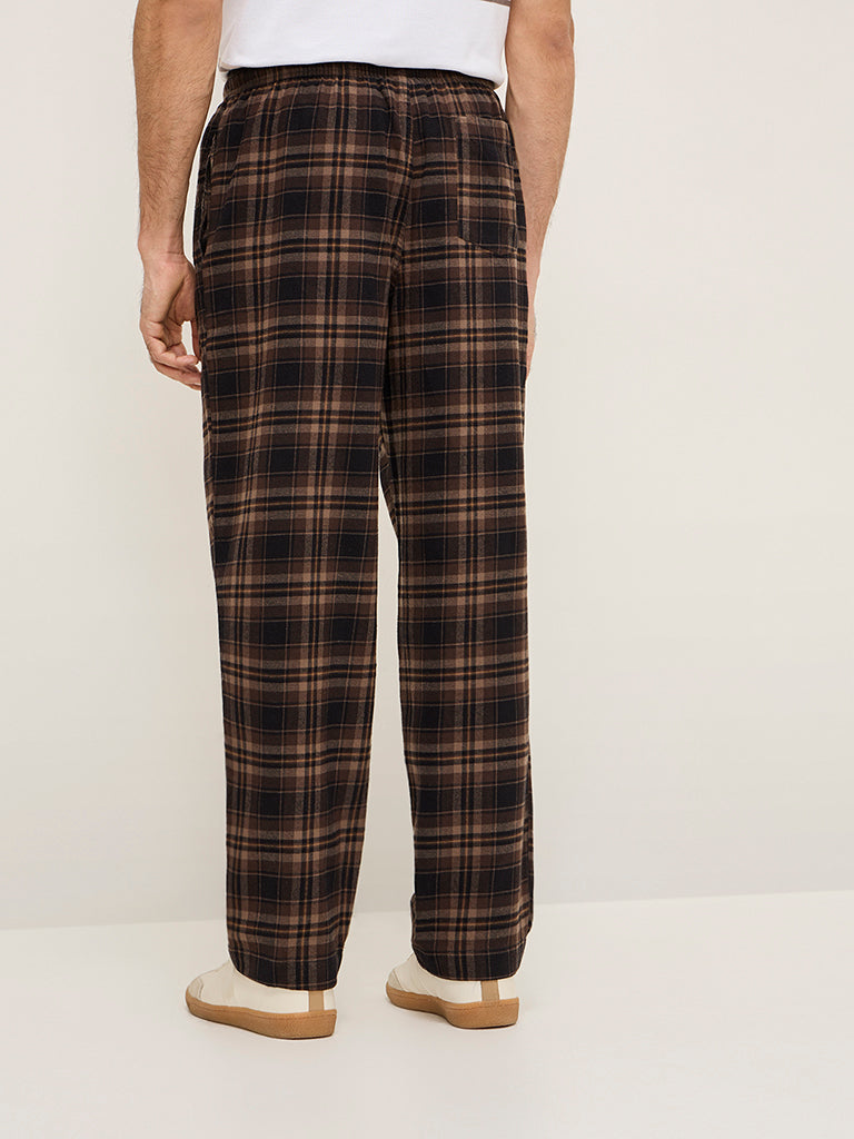 Westside WES Lounge Men's Dark Brown Checks Design Mid-Rise Relaxed-Fit Cotton Pants for Casual Wear Back View