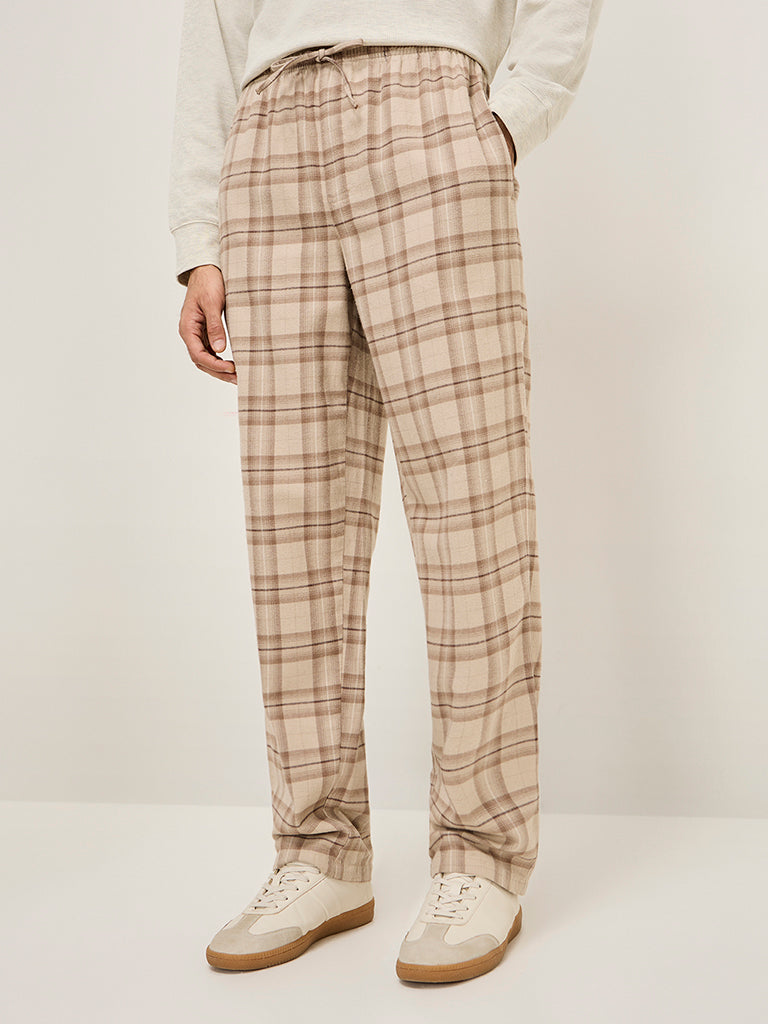 WES Lounge Beige Checks Print Mid-Rise Relaxed-Fit Cotton Pants