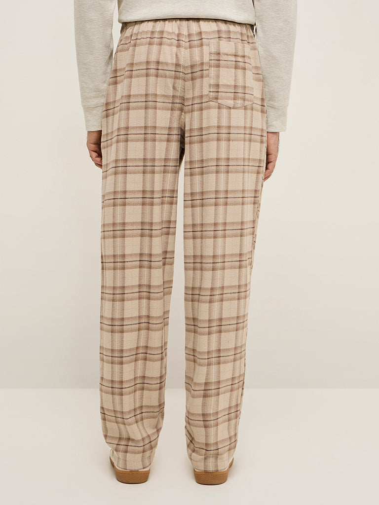 Westside WES Lounge Men's Beige Checks Print Mid-Rise Relaxed-Fit Cotton Pants for Casual Wear Back View