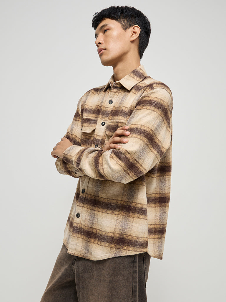 Nuon Brown Checkered Relaxed-Fit Cotton Shirt