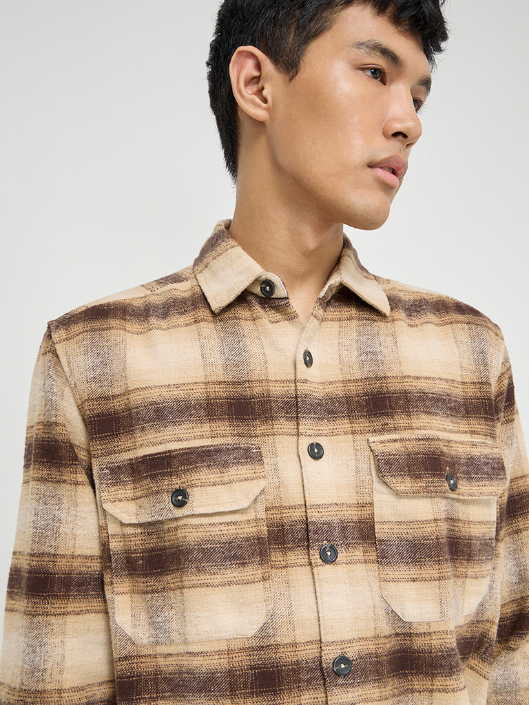 Nuon Brown Checkered Relaxed-Fit Cotton Shirt