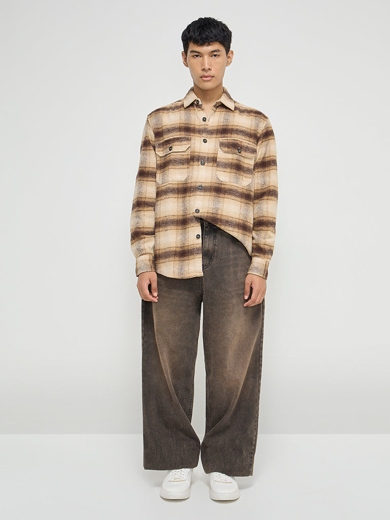 Nuon Brown Checkered Relaxed-Fit Cotton Shirt