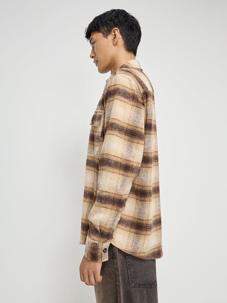 Nuon Brown Checkered Relaxed-Fit Cotton Shirt